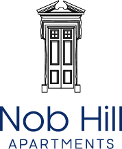Nob hill apartments logo with door and text